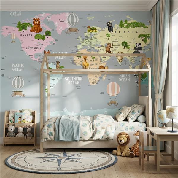 Sevimli Hayvanlar ve Eğitici Dünya Haritası Çocuk Odası Duvar Kağıdı